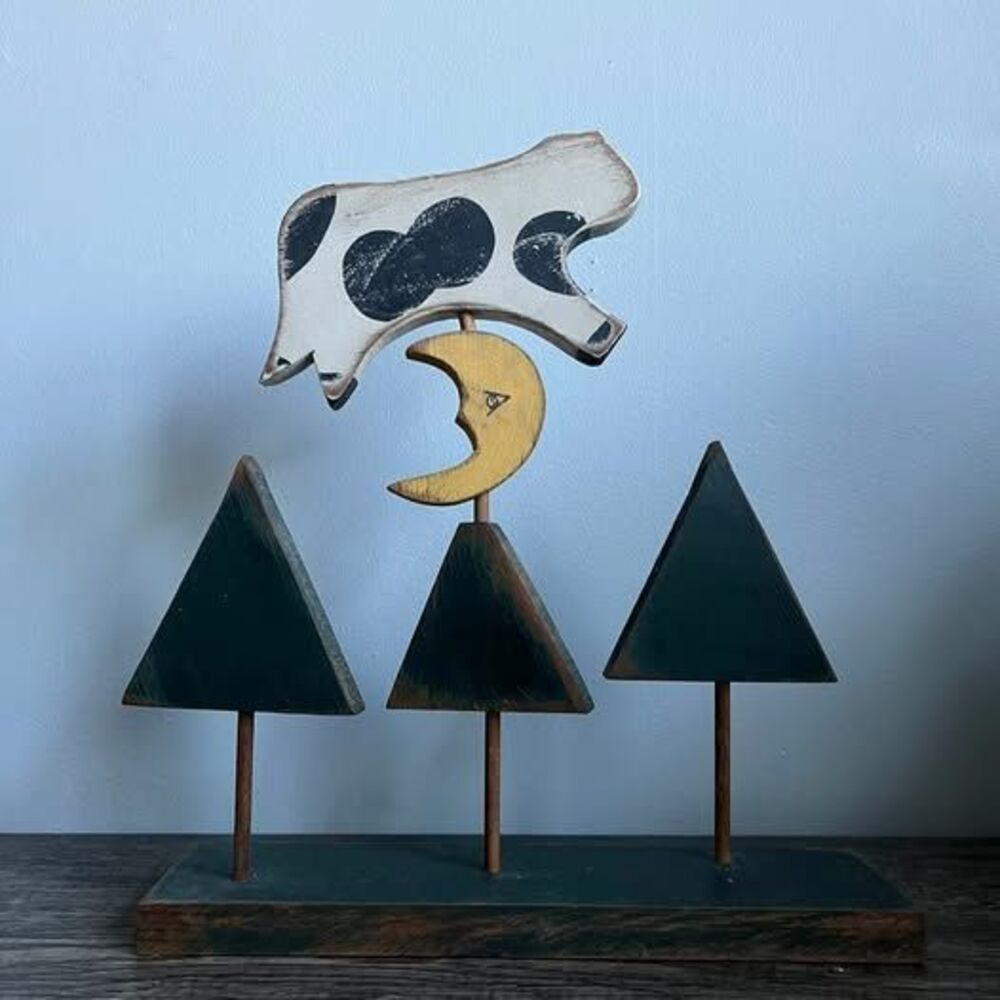 Vintage Handmade Wood Sculpture ‘Cow Jumping Over the Moon’